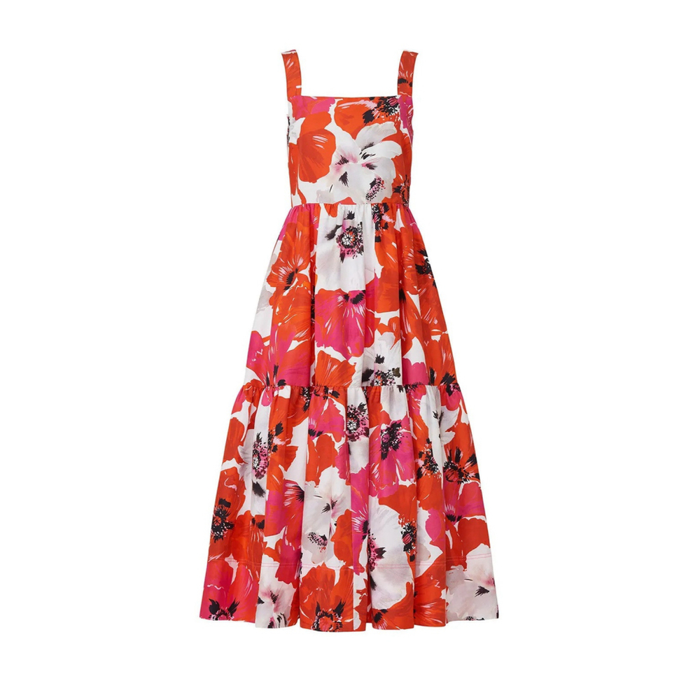 $545 Tanya Taylor Gia Red Floral Midi Silk Blend Fit Flare Sun Dress Size 2
